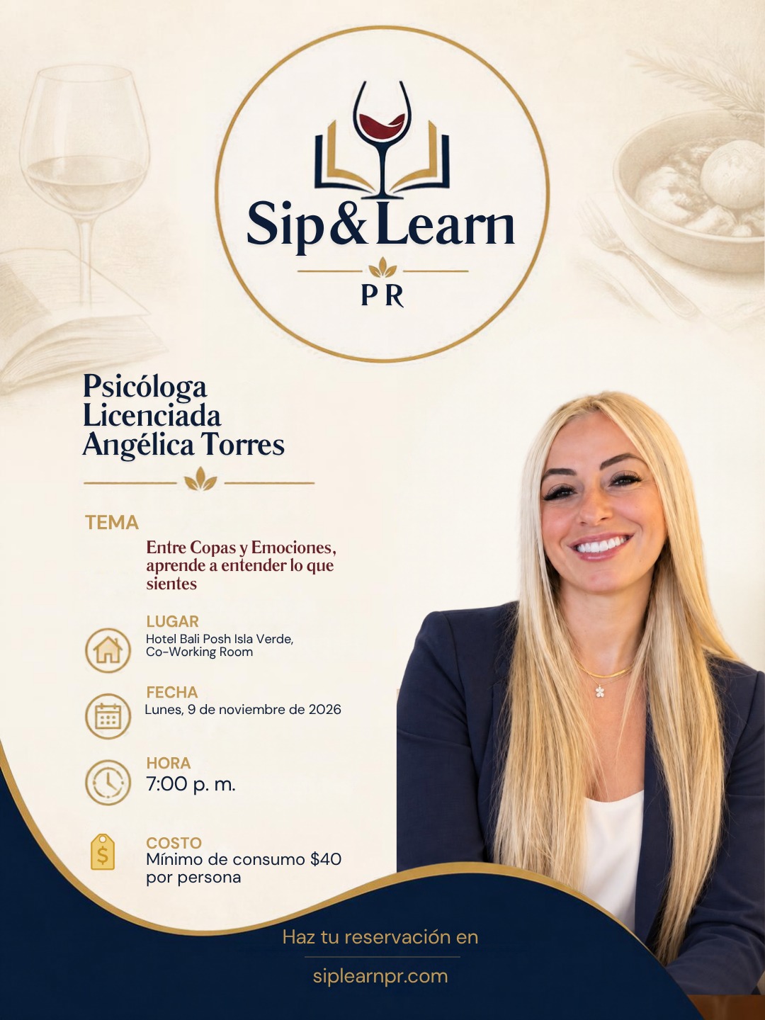 Afiche oficial de Sip & Learn: Entre Copas y Emociones con la Psicóloga Licenciada Angélica Torres